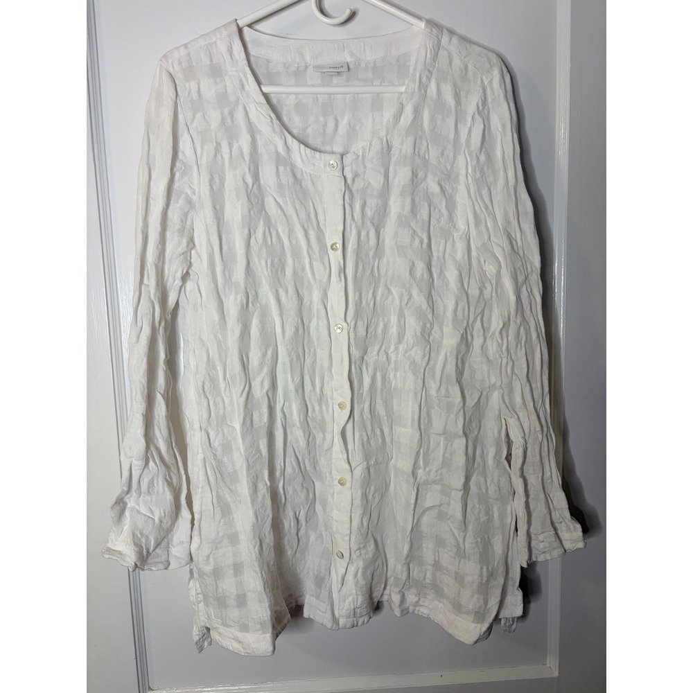 Pure J. Jill White Linen Cotton Windowpane Button Down Tunic Shirt Large